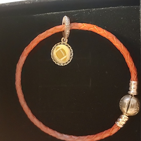 Retired Pandora Red Braided Leather Bracelet w/ 925 Football Silver Accents - Picture 5 of 5